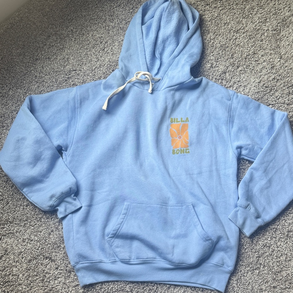 Billabong Light Blue Hoodie with Orange Floral Chest Graphic - Size S - NWT